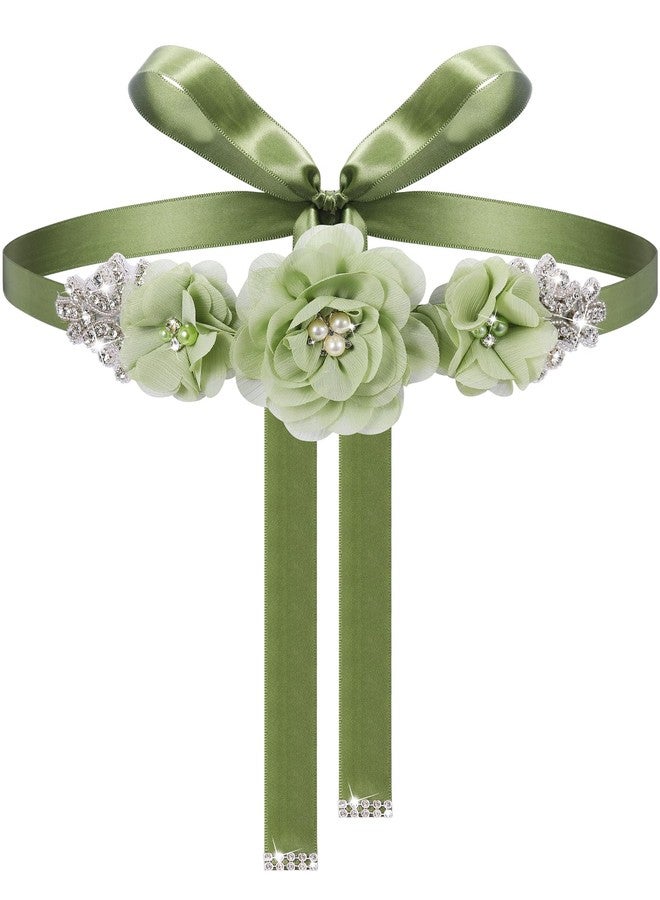 Glitopper Wedding Bridal Belt Sash with Flower Rhinestone Pearl for Bride Bridesmaid Maternity Flower Dress(Olive Green) - Image 1